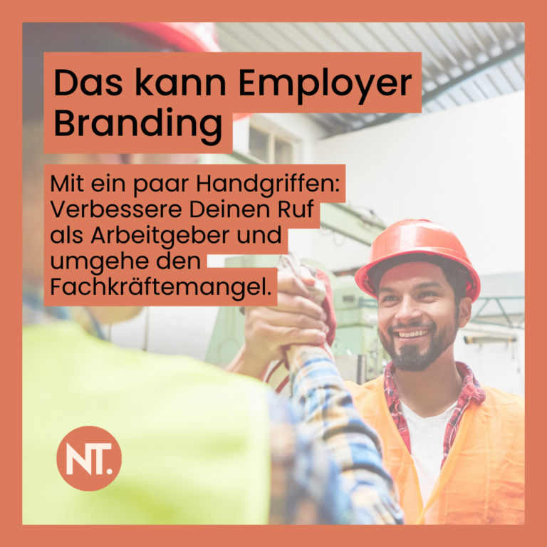 Foto zeigt zwei Männer in High-Visibility-Arbeitskleidung beim Handschlag. Der Text dazu lautet: Das kann Employer Branding. Mit ein paar Handgriffen: Verbessere Deinen Ruf als Arbeitgeber und umgehe den Fachkräftemangel.